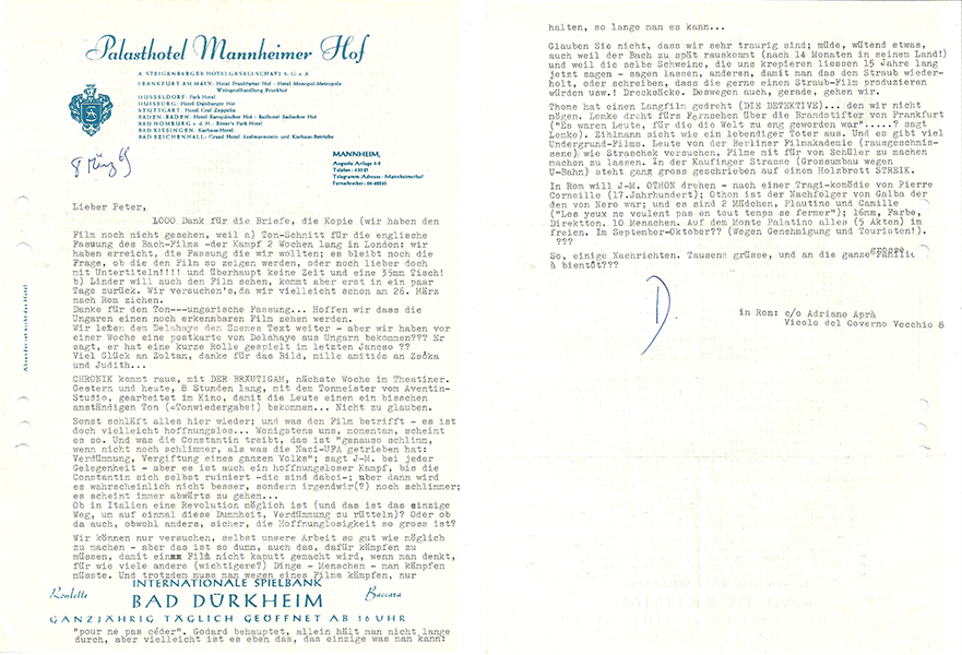 (1) & (2) Danièle Huillet, letter to Peter Nestler March 8, 1969 (1) & (2) Danièle Huillet, letter to Peter Nestler March 8, 1969